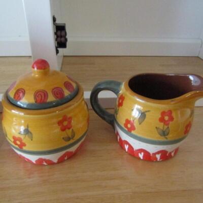 Set of Hand Painted Ceramic Canisters with Creamer and Sugar Bowl