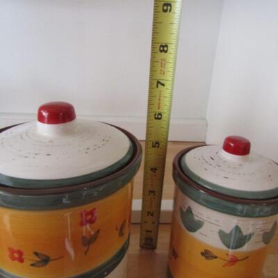 Set of Hand Painted Ceramic Canisters with Creamer and Sugar Bowl