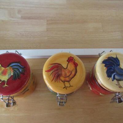 Three Small, Colorfully Painted Ceramic Jars with Flip-Top Lids- Chicken Theme