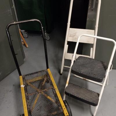 LOT 62A SMALL CART AND STEP LADDERS