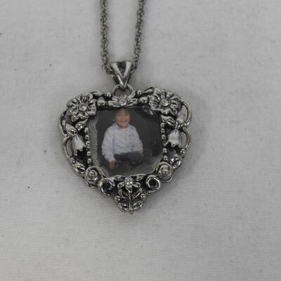2 Necklaces: Goldtone 7 Tiny Birthstone Rings & Silvertone Heart Photo Pendant