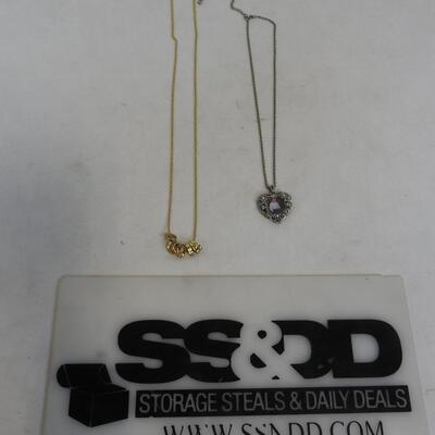 2 Necklaces: Goldtone 7 Tiny Birthstone Rings & Silvertone Heart Photo Pendant
