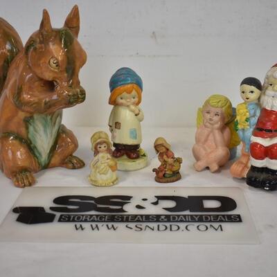 6 Vintage Figurines: Ceramic Santa, Chalk Figure Girl World Craft - 1960s