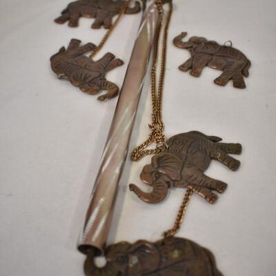 6 pc Elephant Lot: Wind Chime, 1 Elephant Detached, Trinket Box, Figurines