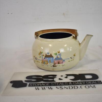 Vintage Kitchen Ware, 2 Metal Colanders, 1 Pestle, Enamel Tea Kettle