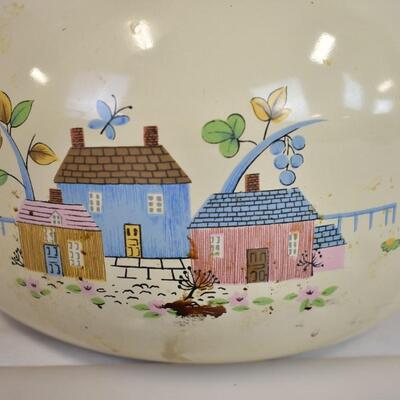 Vintage Kitchen Ware, 2 Metal Colanders, 1 Pestle, Enamel Tea Kettle
