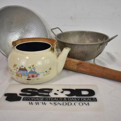 Vintage Kitchen Ware, 2 Metal Colanders, 1 Pestle, Enamel Tea Kettle