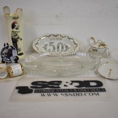 10 pc Glass Decor: Anniversary Dish, 2 Roses, Vase, Sugar Bowl, Gold Tone Trim