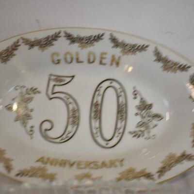 10 pc Glass Decor: Anniversary Dish, 2 Roses, Vase, Sugar Bowl, Gold Tone Trim