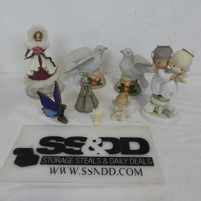 8 Figurines: Precious Moments, Doves, Angels, Girl, Ceramics, Glass/Metal