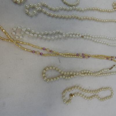 6 Faux Pearl Necklaces & 1 Bracelet, Various Lengths & Shades Of Pearl
