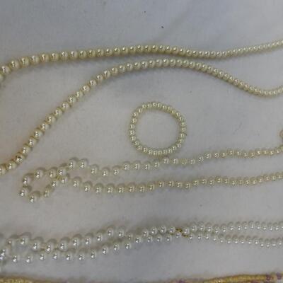 6 Faux Pearl Necklaces & 1 Bracelet, Various Lengths & Shades Of Pearl