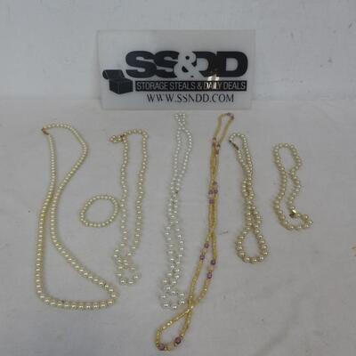 6 Faux Pearl Necklaces & 1 Bracelet, Various Lengths & Shades Of Pearl