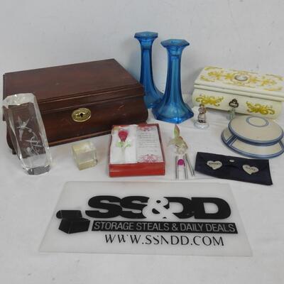 9 Pc Home Decor: Jewelry Boxes,Cut Glass Etched Fairies, Blue Glass Candlesticks