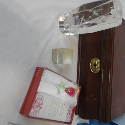 9 Pc Home Decor: Jewelry Boxes,Cut Glass Etched Fairies, Blue Glass Candlesticks