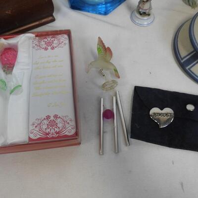 9 Pc Home Decor: Jewelry Boxes,Cut Glass Etched Fairies, Blue Glass Candlesticks