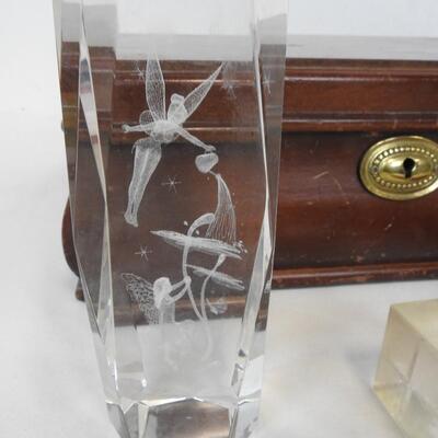 9 Pc Home Decor: Jewelry Boxes,Cut Glass Etched Fairies, Blue Glass Candlesticks