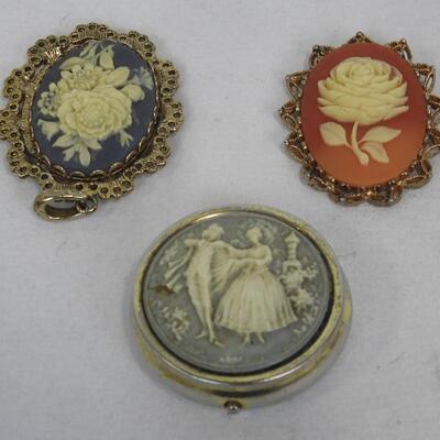 Vintage/Victorian Lot: Cameo, Pill Box, Pin/Pendant - Costume Jewelry