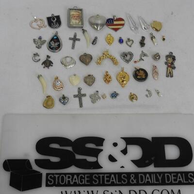 46 Costume Jewelry Pendants / Charms: Hearts, Crosses, Moon, Dolphin, Turtle