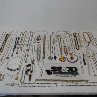 Large Lot of 63 Costume Jewelry Necklaces: Feathers, Beads, Casual, Formal