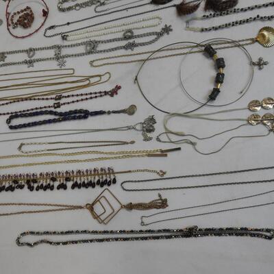 Large Lot of 63 Costume Jewelry Necklaces: Feathers, Beads, Casual, Formal