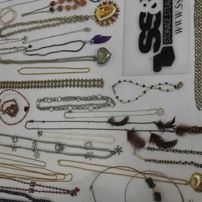 Large Lot of 63 Costume Jewelry Necklaces: Feathers, Beads, Casual, Formal