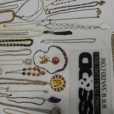 Large Lot of 63 Costume Jewelry Necklaces: Feathers, Beads, Casual, Formal