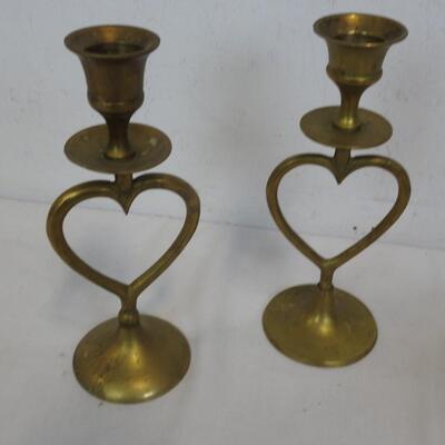 7 pc Brass Decor: 2 Candlesticks, 2 Candleholders, Vase, Candle Flame Snuffer