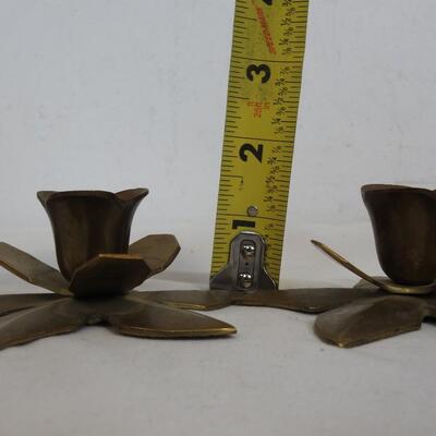 7 pc Brass Decor: 2 Candlesticks, 2 Candleholders, Vase, Candle Flame Snuffer