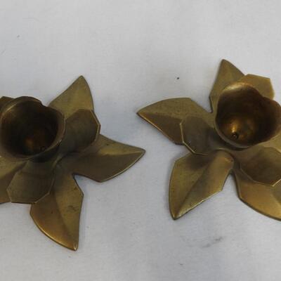 7 pc Brass Decor: 2 Candlesticks, 2 Candleholders, Vase, Candle Flame Snuffer