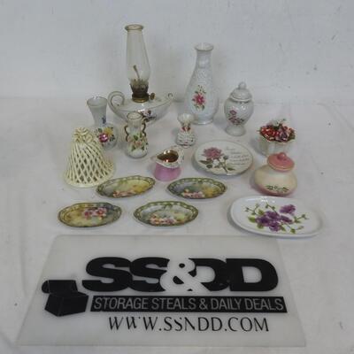 Victorian Style Decor: Oil Lamp, Vases, Plates, Bell, Lot Includes Some VINTAGE
