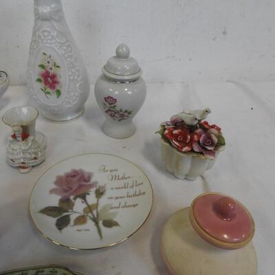 Victorian Style Decor: Oil Lamp, Vases, Plates, Bell, Lot Includes Some VINTAGE