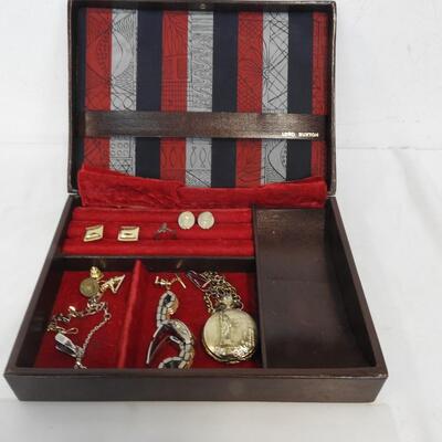 Men's Jewelry Box & Various Jewelry, Pocket Watch, Cuff Links, Ring, Watch