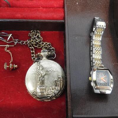 Men's Jewelry Box & Various Jewelry, Pocket Watch, Cuff Links, Ring, Watch