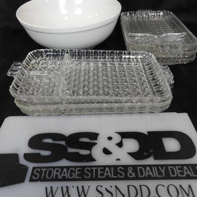 Gibson White Glass Bowl W/6 Vintage Hazel Atlas Clear Glass Snack Trays