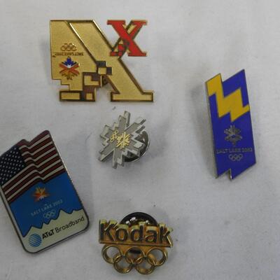 5 SLC 2002 Olympic Pins & 1 Midway, UT Swiss Days Pin