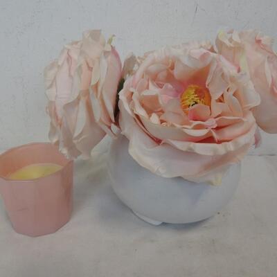 Home Decor: Crate w/ 3 Jars,Candle, Vase Pink Flowers, He Has Risen Wall Hanging