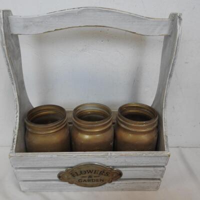 Home Decor: Crate w/ 3 Jars,Candle, Vase Pink Flowers, He Has Risen Wall Hanging