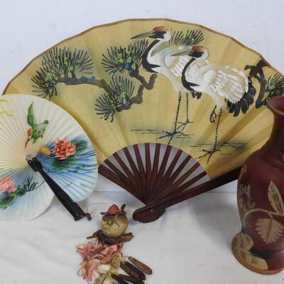 Asian Style Decor: 2 Fans, Bird Windchime, Cups, Trinket Boxes, Vases
