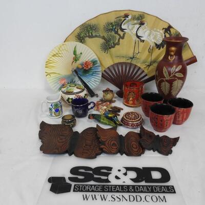 Asian Style Decor: 2 Fans, Bird Windchime, Cups, Trinket Boxes, Vases