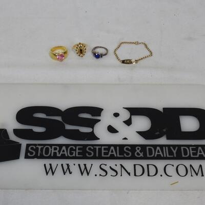4 pc Gold Filled Jewelry Lot: 1 ring size 10, 2 rings size 8, 1 child bracelet