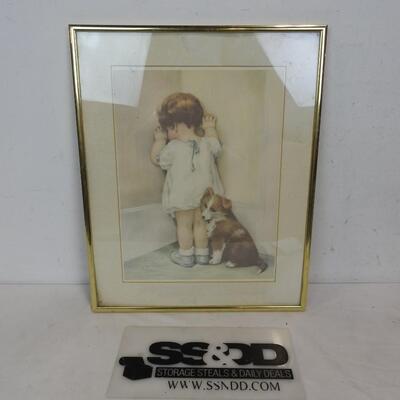 Framed Decor Art, Vintage Style Child & Puppy in Corner Bessie Pease Gutmann
