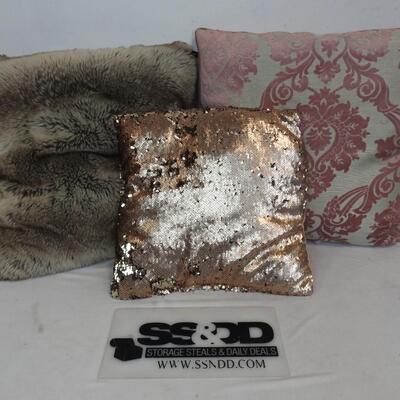 3 Home Decor Throw Pillows: Brown Furry, Pink, & Pink/Copper Sequins