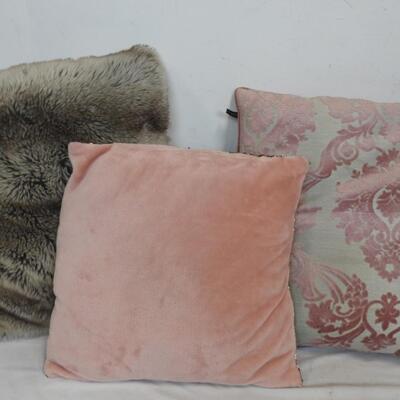 3 Home Decor Throw Pillows: Brown Furry, Pink, & Pink/Copper Sequins