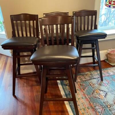 Set of Four Leather and  Mahogany Swivel Bar Chairs - PY11653