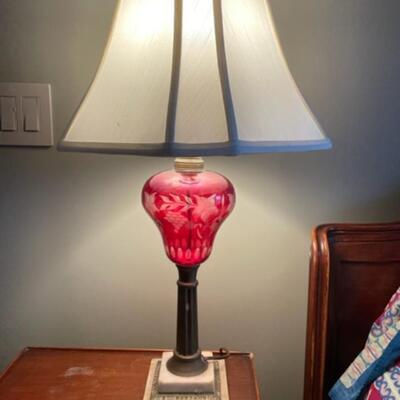 Cranberry / Raspberry Glass Vintage Lamp w/marble base c. 1930's