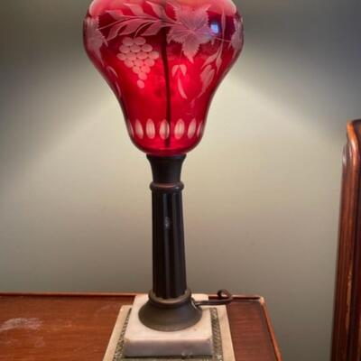 Cranberry / Raspberry Glass Vintage Lamp w/marble base c. 1930's