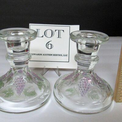 Clear and Colored Glass Candleholder Pair, Harvest Grape, LE Smith Glass