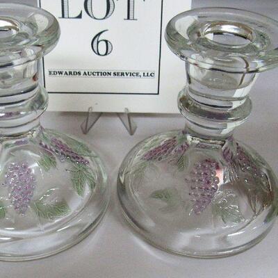 Clear and Colored Glass Candleholder Pair, Harvest Grape, LE Smith Glass