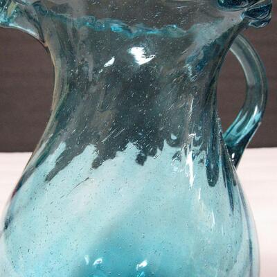 Mid Century Teal Colored Pitcher, Ruffled Rim, Tiny Bubbles Throughout, Pontil